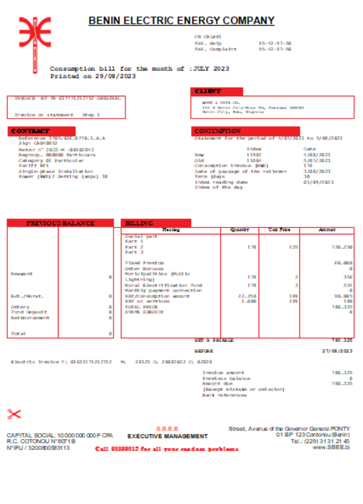 Benin Electricity Distribution Company Plc. utility business bill SCR PSD template